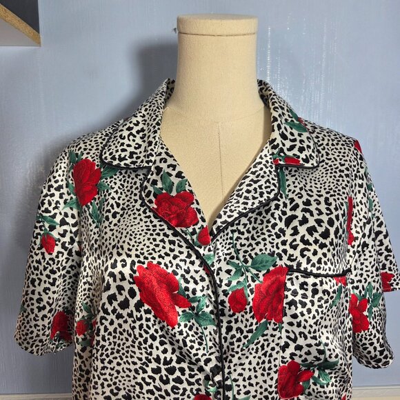 Sophia by Delicates Large Black Print Floral Animal Print Satin Button Nightgown - Picture 2 of 9